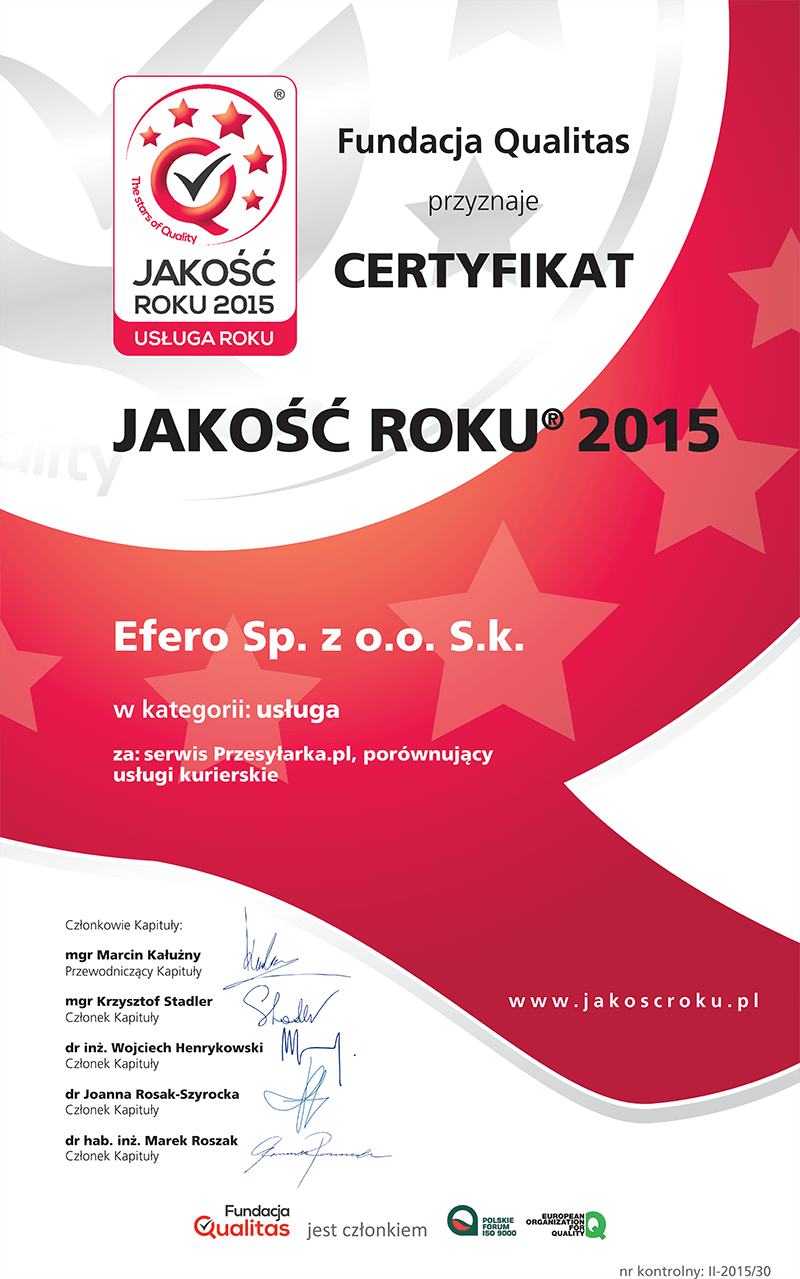 Certyfikat Jakość Roku 2015 Przesyłarka.pl
