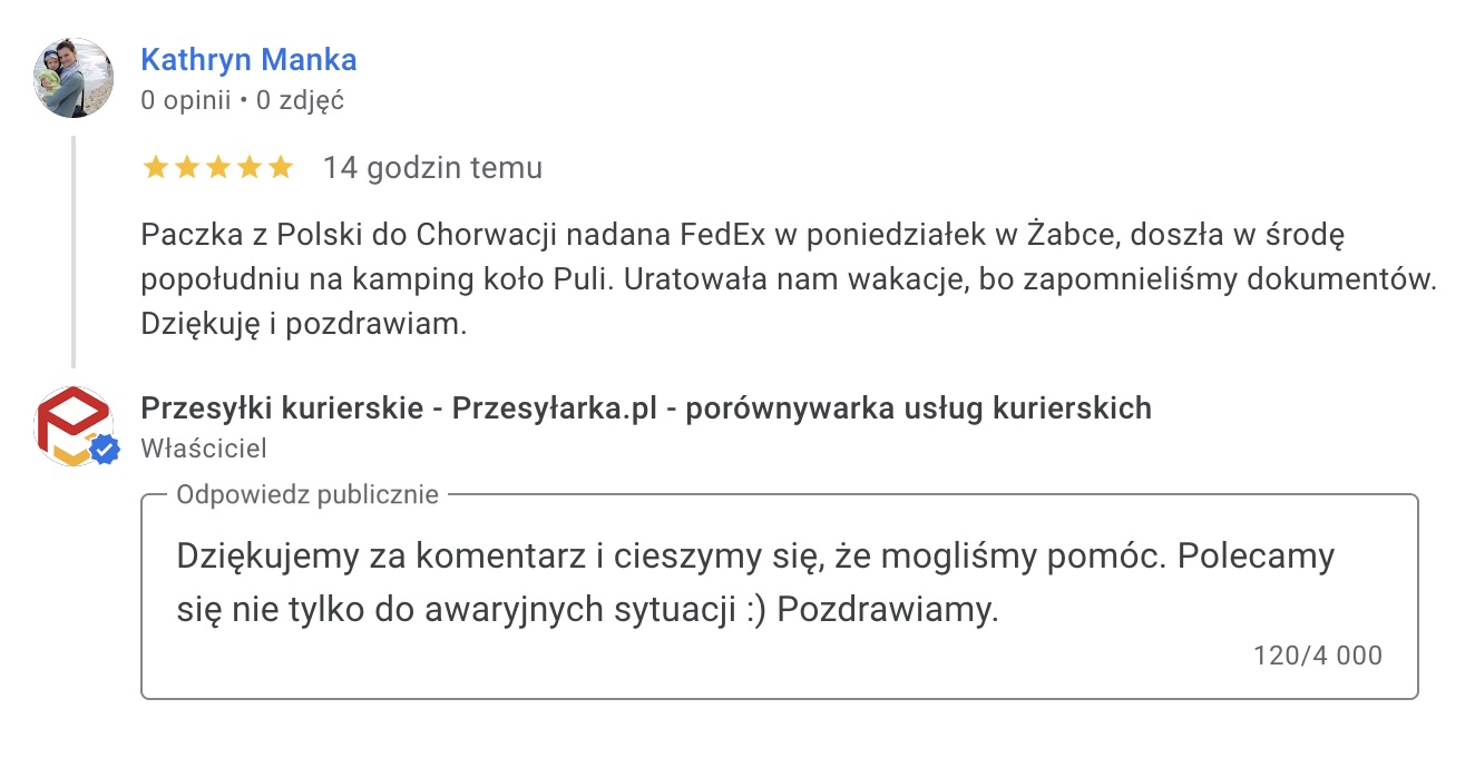 Opinia Klientki Przesyłarka.pl w Google